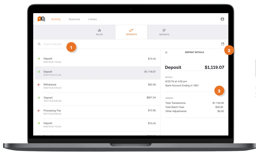 PayAnywhere Inside Deposits screen PayAnywhere Inside Deposits screen