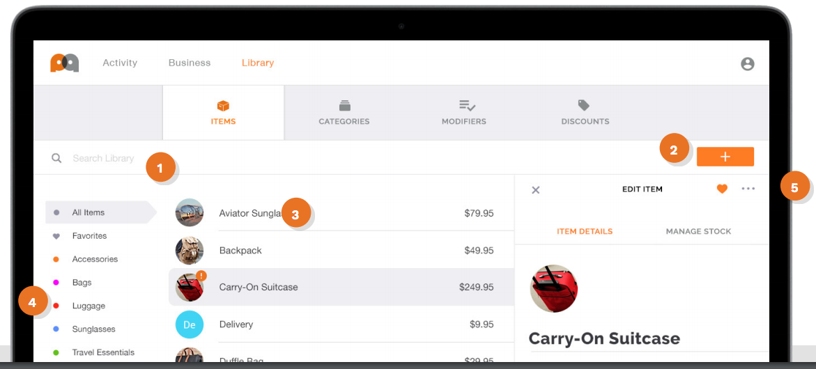 PayAnywhere Inside Item Library screen